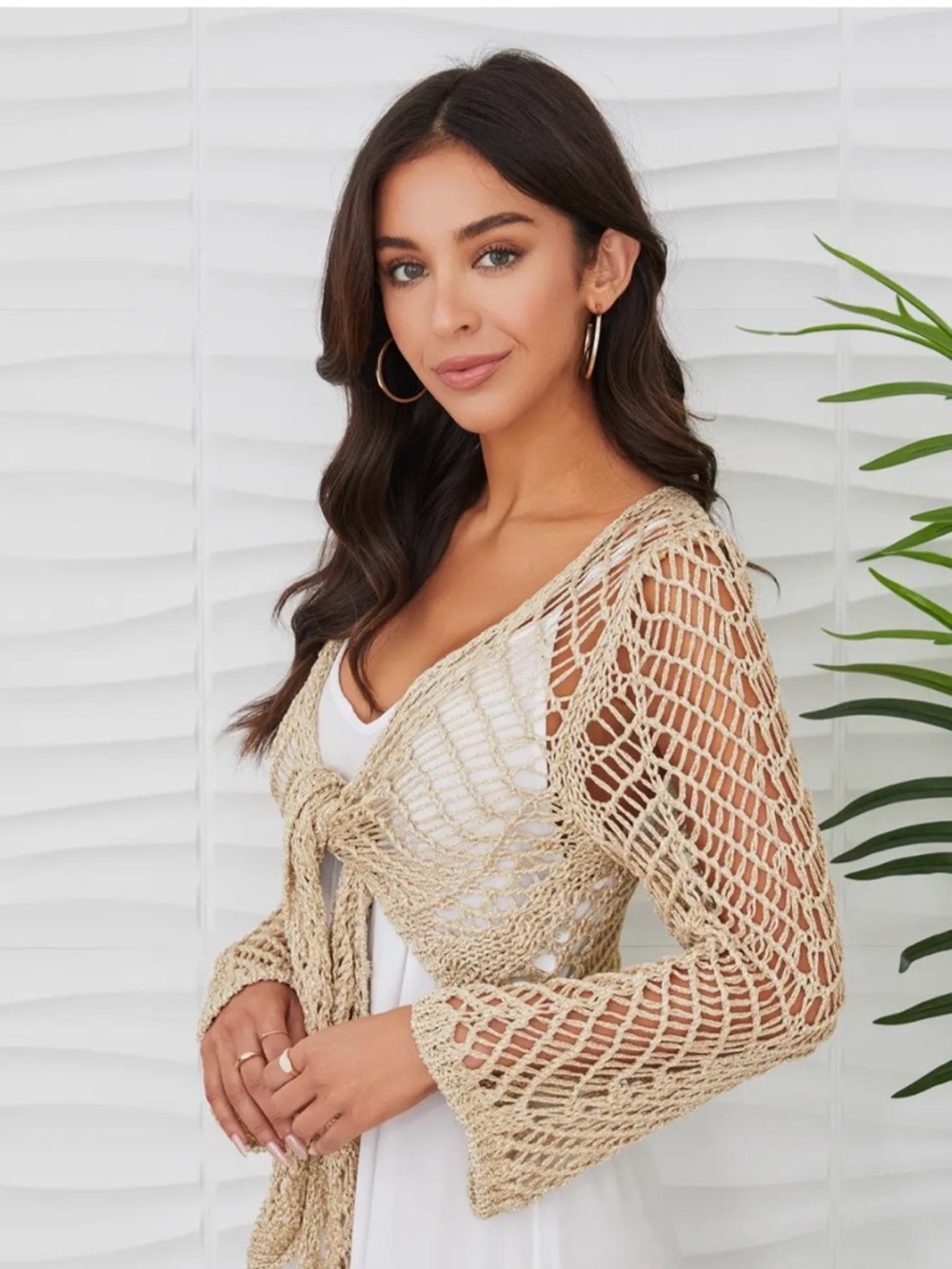 Milio Milano Gold Open Knit Crochet Tie Top with Bell Sleeve one size fits all